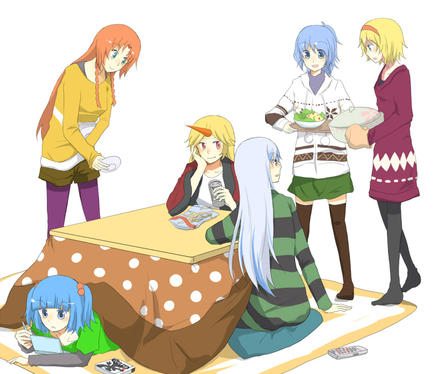 10s, 6+girls, alice_margatroid, alternate_costume, bad_id, beer_can, black_legwear, blonde_hair