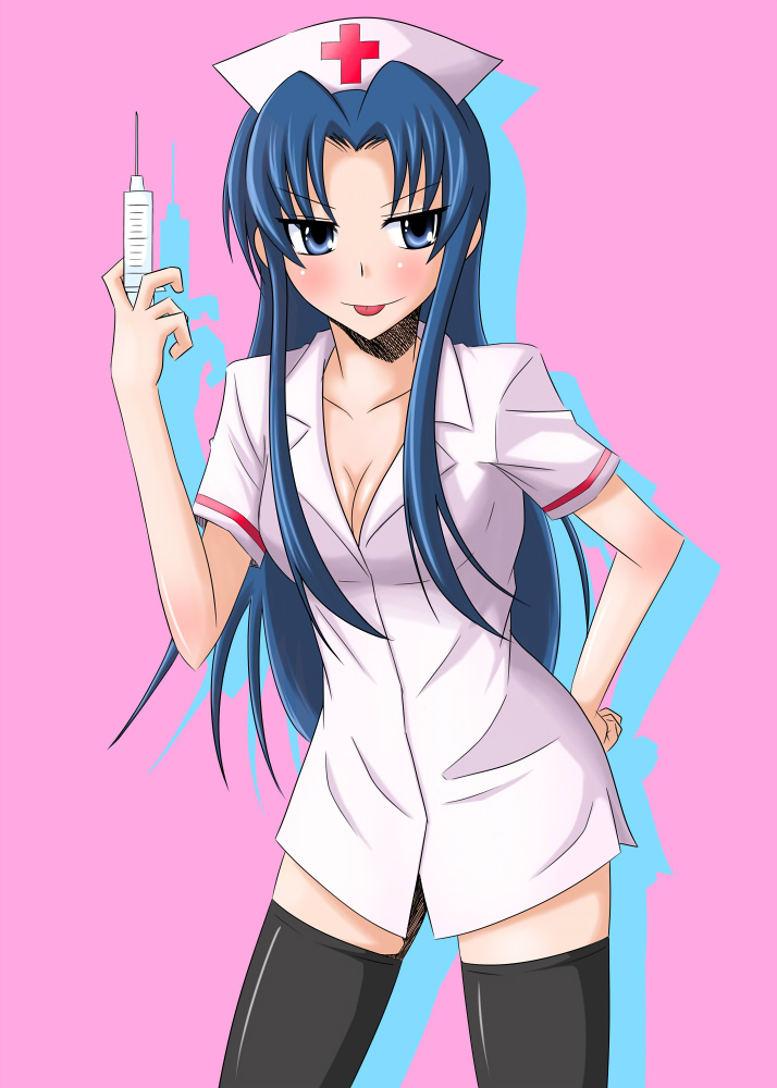 1girl, :p, blue_hair, breasts, cleavage, kawashima_ami, long_hair, naughty_face