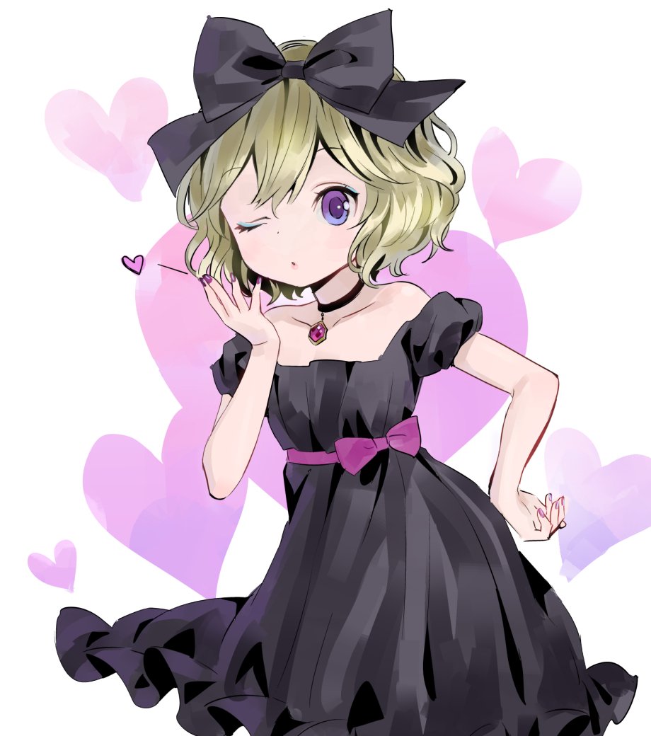 1girl, ama-tou, belt, blonde_hair, blown_kiss, bow, collarbone, dress