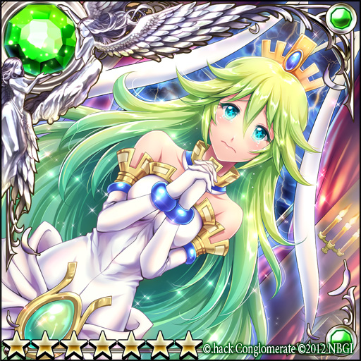 .hack//, 1girl, aika_(guilty_dragon), angel, bare_shoulders, blue_eyes, choker, closed_mouth, crown, dress, dutch_angle, elbow_gloves, frown, gem, gloves, green_hair, guilty_dragon, hands_clasped, kazura_enji, long_hair, looking_at_viewer, solo, star, star-shaped_pupils, symbol-shaped_pupils, white_dress, white_gloves, wings