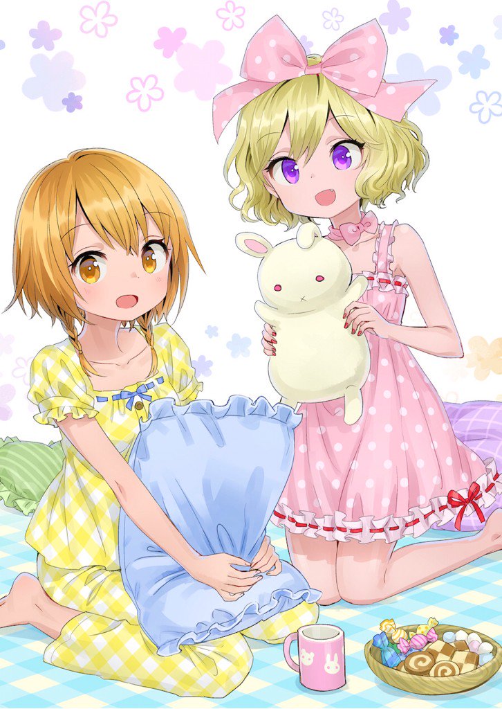 2girls, :d, :x, ama-tou, barefoot, blonde_hair, bow, braid