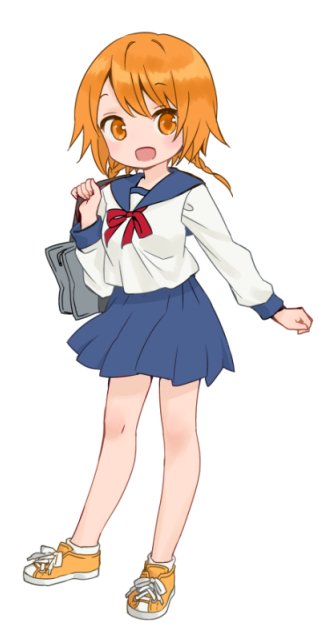 1girl, :d, ama-tou, bag, braid, hinata_(tonari_no_kyuuketsuki-san), long_sleeves, looking_at_viewer, neck_ribbon, open_mouth, orange_eyes, orange_hair, ribbon, sailor_collar, school_bag, school_uniform, serafuku, shoes, simple_background, skirt, smile, sneakers, socks, solo, standing, tonari_no_kyuuketsuki-san, twin_braids, white_background
