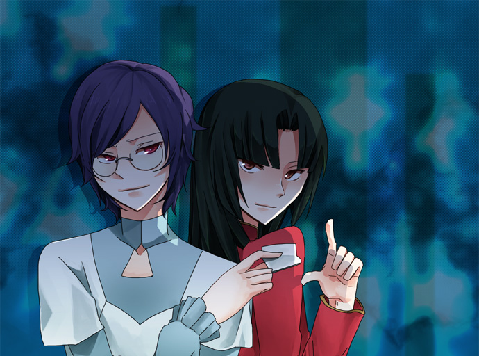 glasses, gundam, gundam_00, ihara, innovator, innovators, purple_hair, red_eyes