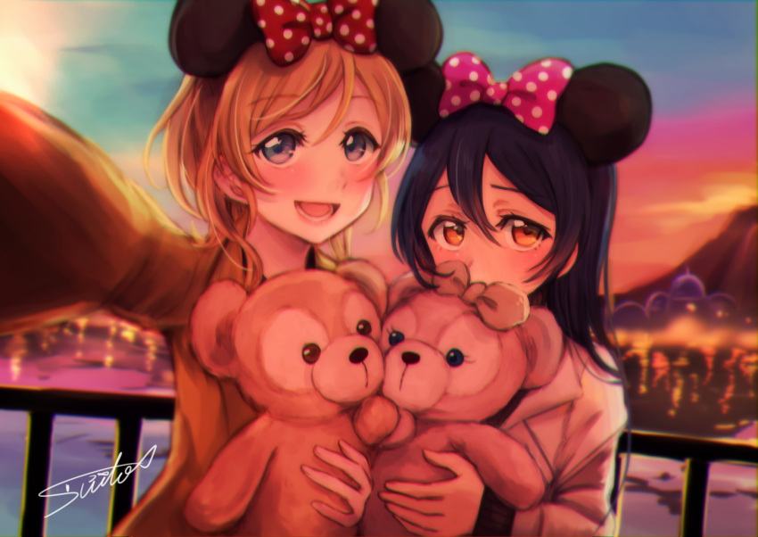 2girls, :d, ayase_eli, bangs, blonde_hair, blue_eyes, blue_hair, blush