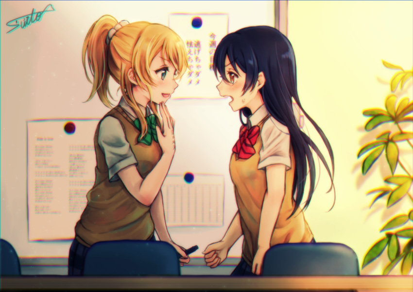 2girls, ayase_eli, bangs, blonde_hair, blue_eyes, blue_hair, blush, bow, bowtie, brown_eyes, bulletin_board, chair, character_name, clenched_hands, desk, green_bow, green_bowtie, lilylion26, long_hair, looking_at_another, love_live!, love_live!_school_idol_project, marker, multiple_girls, open_mouth, plaid, plaid_skirt, ponytail, red_bow, red_bowtie, school_uniform, short_sleeves, signature, skirt, sonoda_umi, striped, striped_bow, striped_bowtie, sweatdrop, sweater_vest, writing_on_hand, yuri