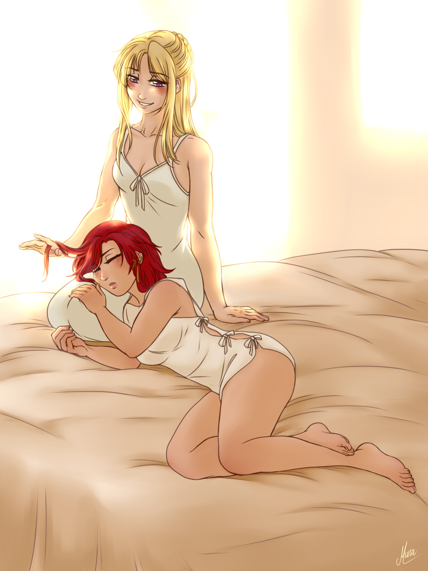 2girls, absurdres, arm_support, barefoot, blonde_hair, closed_eyes, collarbone, hair_ribbon