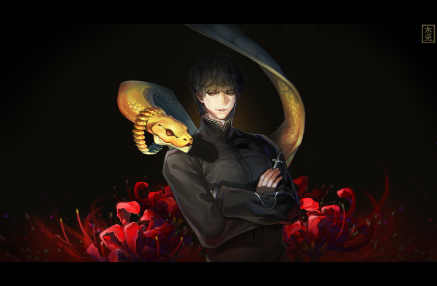 1boy, animal, black_background, black_hair, cassock, cross, crossed_arms, fate/zero