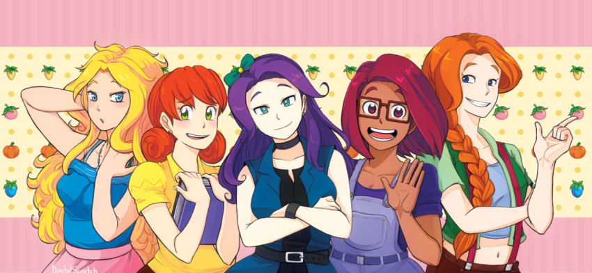 5girls, abigail_(stardew_valley), belt, blonde_hair, blue_eyes, bow, braid, crossed_arms