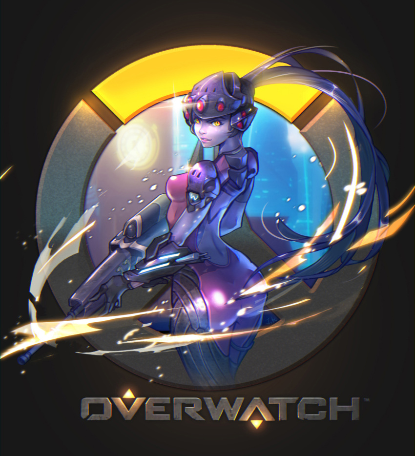 1girl, armor, ass, back, back_opening, back_tattoo, black_gloves, bodysuit, breasts, building, copyright_name, cowboy_shot, emblem, eyelashes, eyeliner, from_behind, gauntlets, gloves, gun, hair_ornament, hair_tie, head_mounted_display, high_collar, highres, holding, holding_gun, holding_weapon, holster, legs_together, lips, lipstick, logo, long_hair, looking_at_viewer, makeup, nose, overwatch, parted_lips, pauldrons, ponytail, purple_bodysuit, purple_hair, purple_lips, purple_lipstick, purple_skin, rifle, shiny, shiny_clothes, short_sleeves, shoulder_pads, skin_tight, skyscraper, slit_pupils, small_breasts, sniper_rifle, solo, spider_tattoo, standing, tattoo, thigh_holster, thigh_strap, turtleneck, visor, wakeup, weapon, widowmaker_(overwatch), yellow_eyes