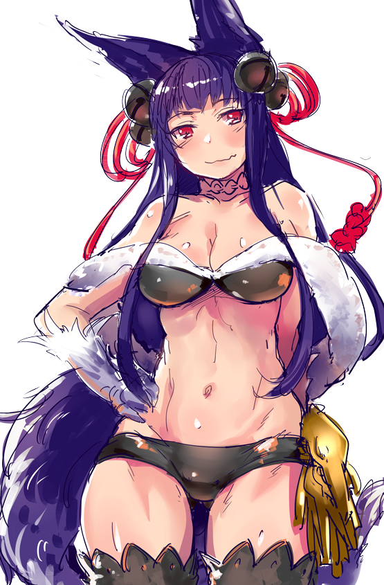 1girl, animal_ears, bare_shoulders, bell, black_legwear, black_shorts, blush, breasts