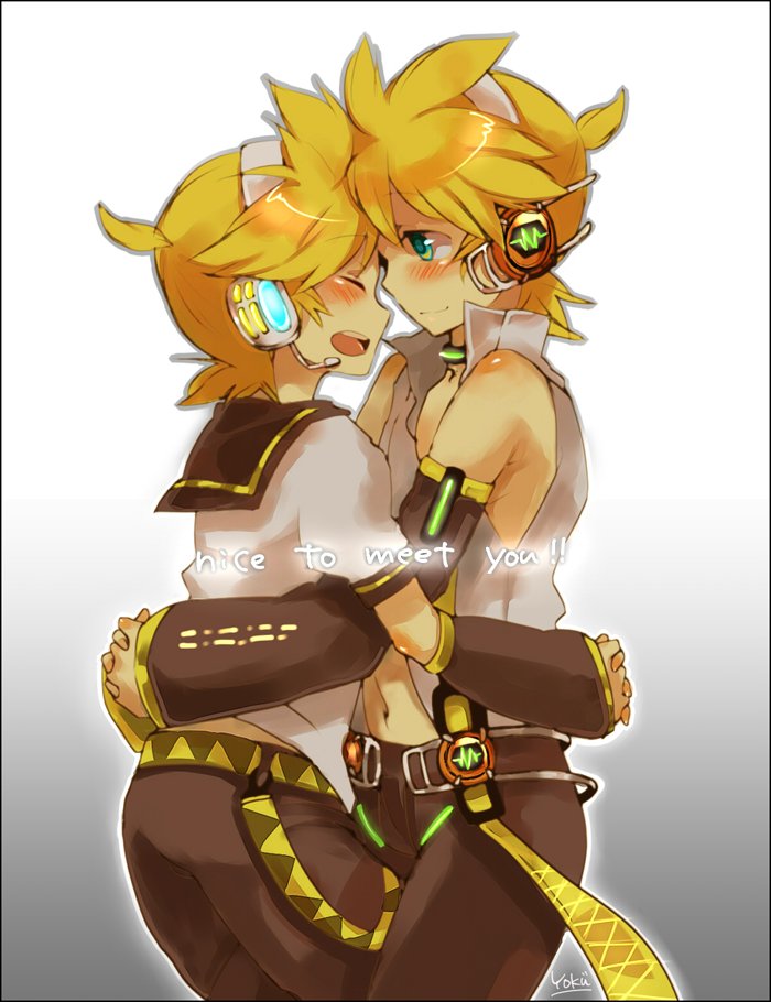 2boys, bare_shoulders, black_border, blonde_hair, blush, border, cowboy_shot, detached_sleeves