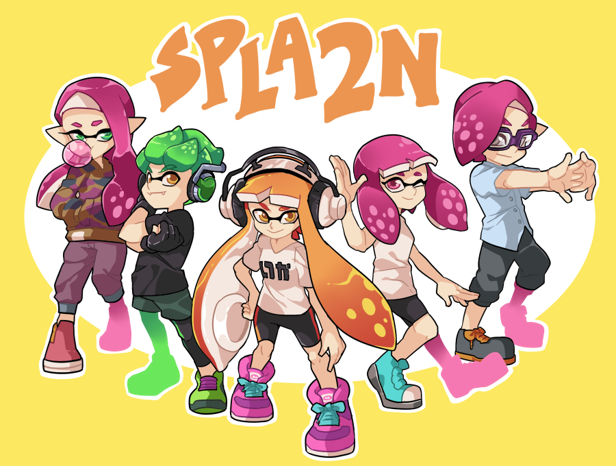 2boys, 3girls, alternate_hairstyle, bangs, bike_shorts, black_shirt, black_shoes, black_shorts