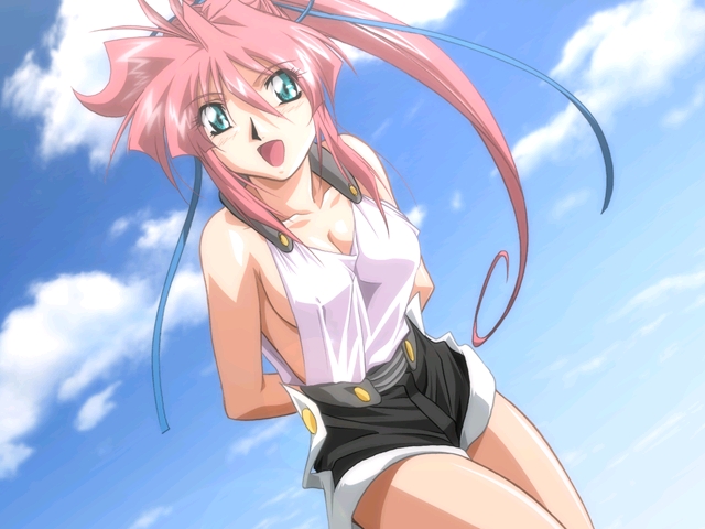 arms_behind, breasts, denim, denim_shorts, dutch_angle, fortuna, game_cg, green_eyes, long_hair, mutou_keiji, pink_hair, ponytail, rena_wicks, shorts, sideboob