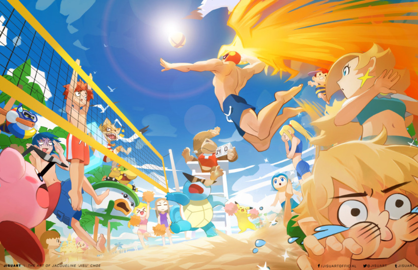 >_<, 5girls, 6+boys, =_=, attack, ball, beach, bikini