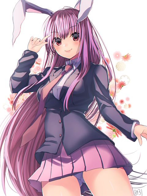1girl, animal_ears, blazer, blush, breasts, closed_mouth, cowboy_shot, floral_background, gluteal_fold, hakusai_ponzu, jacket, long_hair, long_sleeves, looking_at_viewer, medium_breasts, necktie, panties, pantyshot, pantyshot_(standing), pink_skirt, purple_hair, purple_necktie, purple_panties, rabbit_ears, red_eyes, reisen_udongein_inaba, skirt, smile, solo, standing, touhou, underwear, very_long_hair