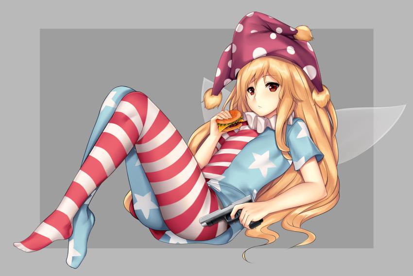 1girl, :/, american_flag_legwear, american_flag_shirt, bare_arms, beef, blush, cheese, closed_mouth, clownpiece, expressionless, eyebrows, eyebrows_visible_through_hair, fairy_wings, finger_on_trigger, food, full_body, gun, hamburger, handgun, hat, holding, holding_food, holding_gun, holding_weapon, jester_cap, leaning_back, legs_up, long_hair, looking_at_viewer, neck_ruff, pantyhose, pink_hat, pistol, red_eyes, sitting, solo, star, star_print, tony_guisado, touhou, transparent_wings, two-tone_background, very_long_hair, wavy_hair, weapon, wings