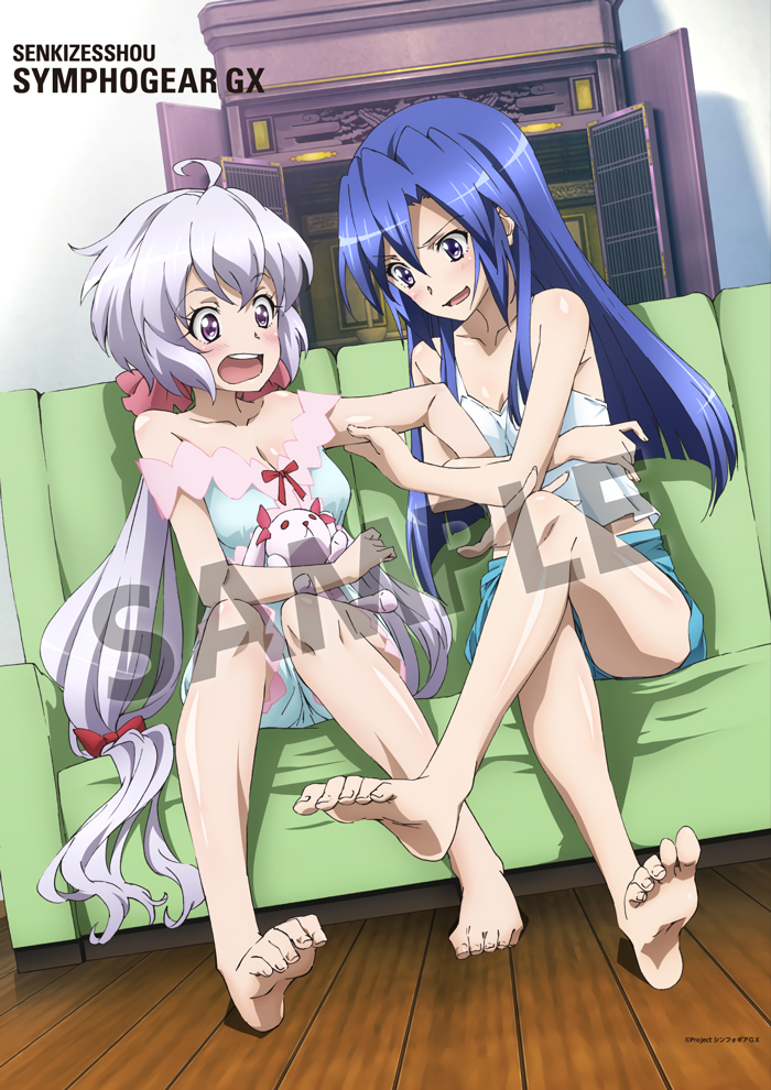 2girls, ahoge, artist_request, bangs, bare_shoulders, barefoot, blue_hair, blue_shorts