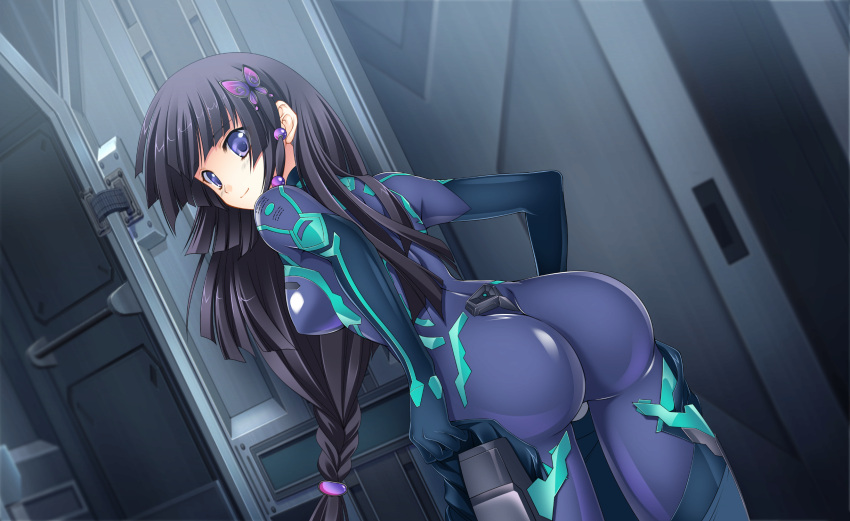 1girl, ass, beads, bent_over, blush, bodysuit, bodysuit_pull, breasts, butterfly, butterfly_hair_ornament, circe_steinhoff, dutch_angle, from_behind, game_cg, hair_beads, hair_ornament, hair_ribbon, highres, indoors, long_hair, looking_at_viewer, looking_back, low-tied_long_hair, mimizuku_auru, muvluv, official_art, ribbon, schwarzesmarken, shiny, shiny_clothes, skin_tight, smile, solo, very_long_hair, violet_eyes