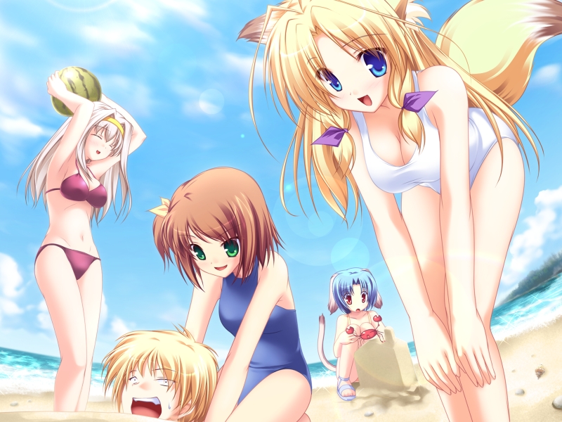 animal_ears, armpits, arms_up, beach, bent_over, bikini, blonde_hair, blue_eyes