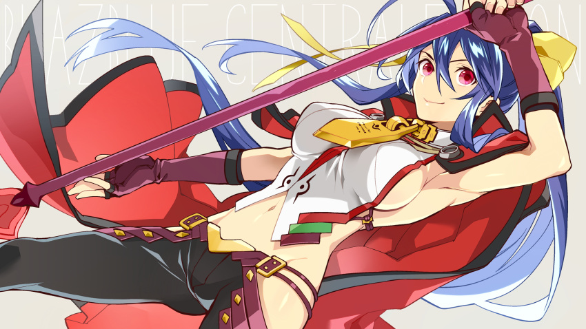 >:), 1girl, antenna_hair, backless_outfit, bangs, bare_shoulders, black_pants, blazblue