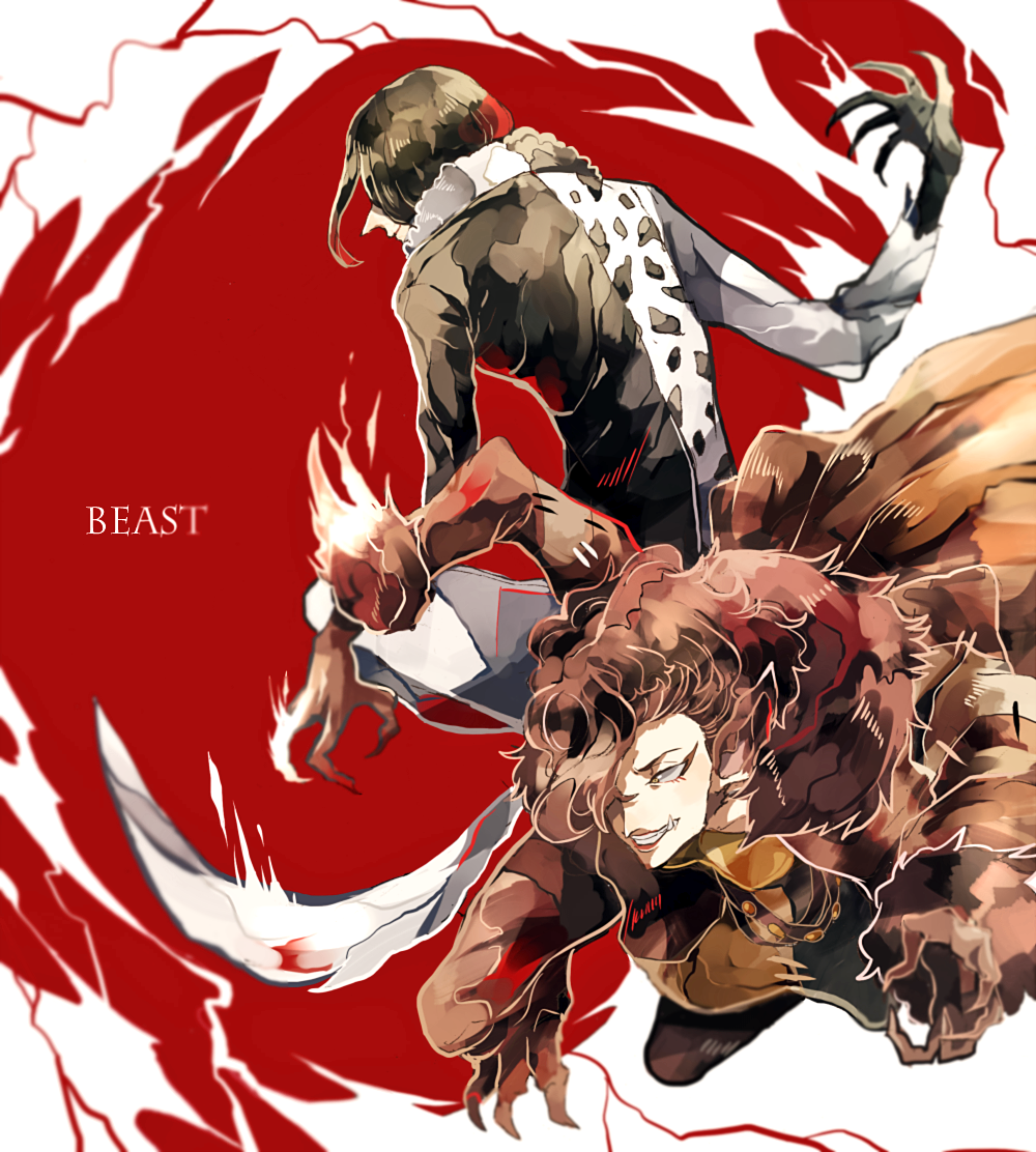 1boy, 1girl, action, animal_ears, back, belt, blurry, brown_hair