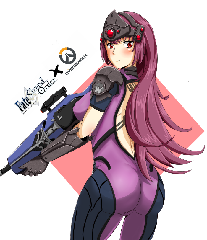 1girl, ass, backless_outfit, black_gloves, blush, bodysuit, breasts, copyright_name