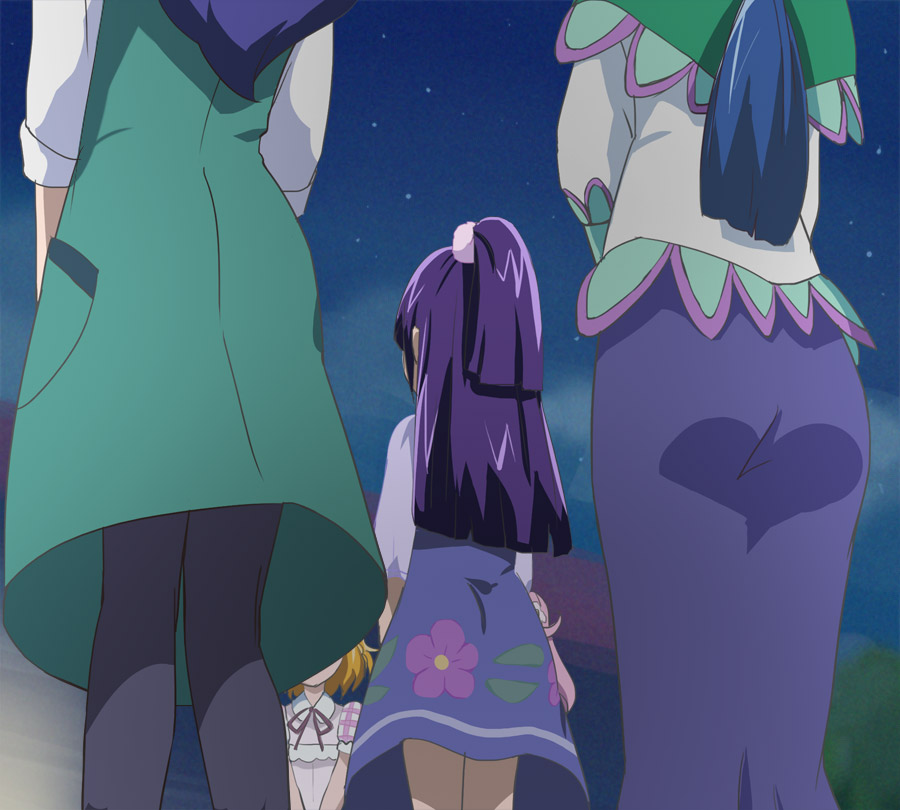 4girls, asahina_mirai, ass, back, black_legwear, blonde_hair, blue_hair, from_behind