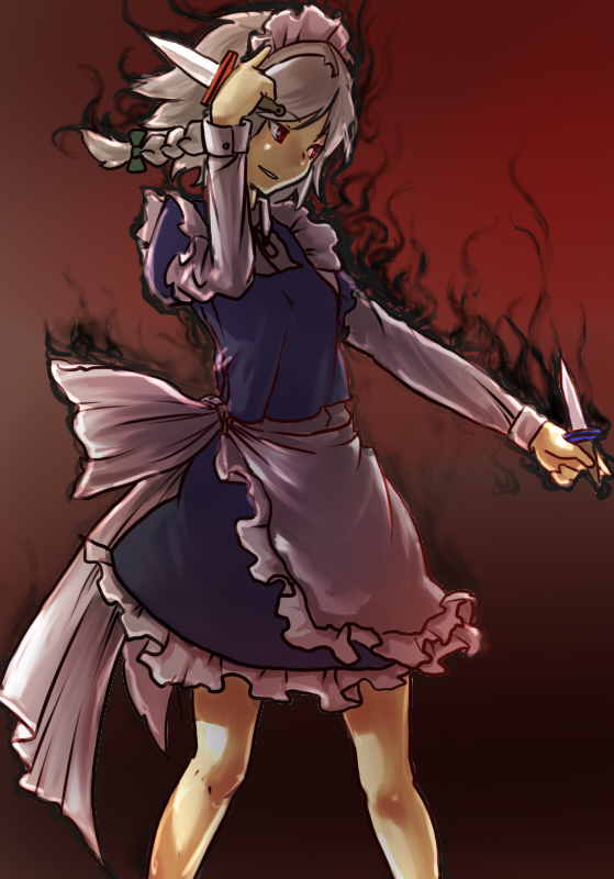 aura, dark_aura, dual_wielding, izayoi_sakuya, knife, maid, red_eyes, ritsu_(pixiv9642)