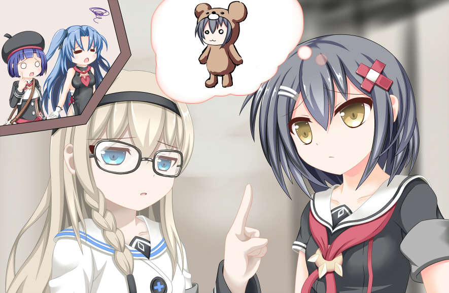 4girls, alice_(mary_skelter), black_hair, blonde_hair, blue_eyes, blue_hair, blush, braid
