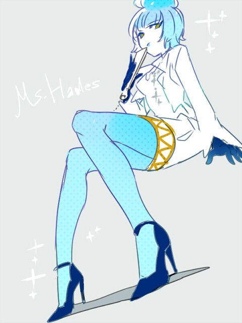 1girl, arm_support, black_gloves, blue_hair, blue_legwear, blue_lips, blue_lipstick, character_name