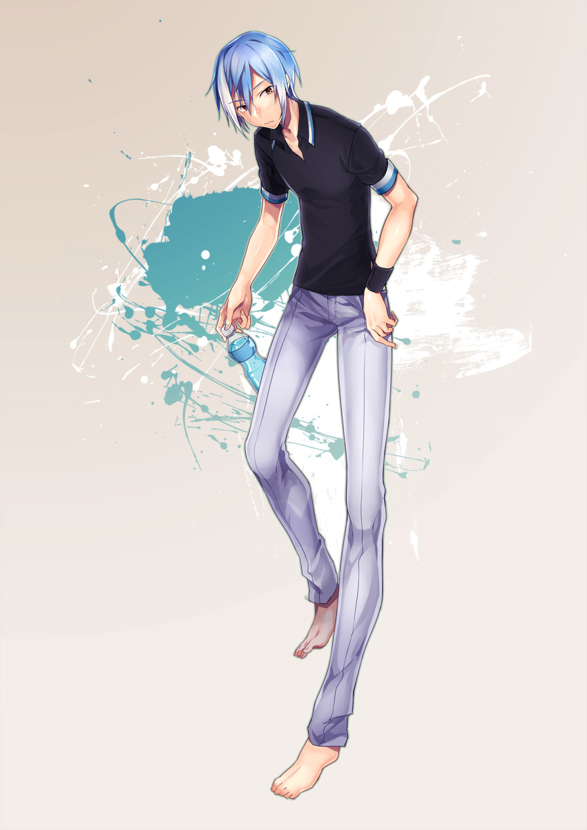 1boy, barefoot, bent_over, black_shirt, blue_eyes, blue_hair, bottle, closed_mouth