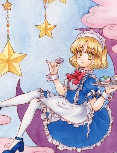 1girl, :3, apron, arm_garter, blonde_hair, blue_dress, bow, crescent_moon