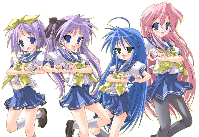 ahoge, blue_eyes, blue_hair, glasses, gray_pantyhose, hair_ribbon, heart, heart_hands