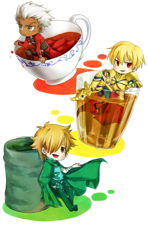 3boys, alcohol, archer, archer_(fate/extra), armor, blonde_hair, chibi, cup
