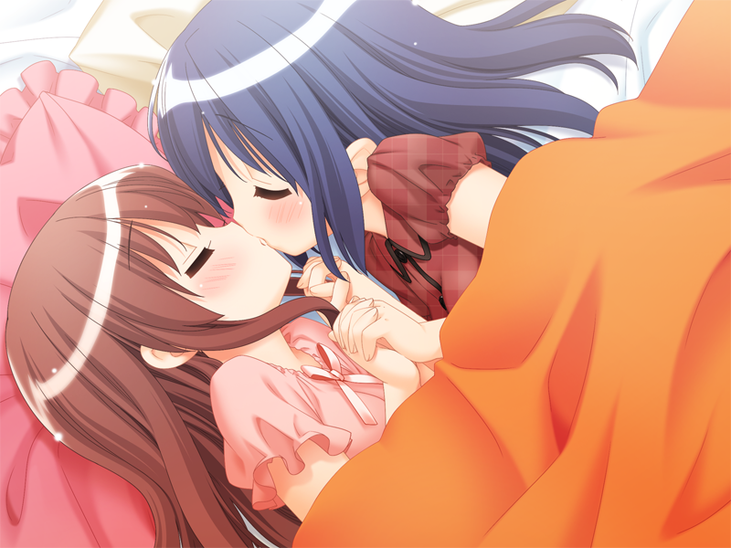 2girls, bed, bed_sheet, blue_hair, blush, bow, child, closed_eyes, couple, dutch_angle, flat_chest, frilled_pillow, frills, from_above, game_cg, hanahira!, hand_holding, hanemura_kaori, kiss, long_hair, lying, multiple_girls, mutual_yuri, on_side, pajamas, peko, pillow, pink_hair, plaid, redhead, sono_hanabira_ni_kuchizuke_wo, yuri, yuuki_amane