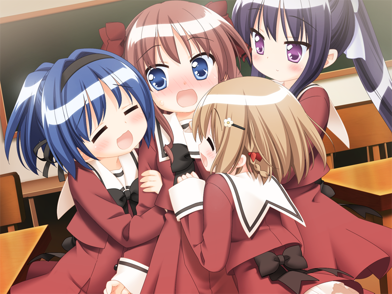 4girls, blue_eyes, blue_hair, blush, brown_eyes, brown_hair, closed_eyes, game_cg