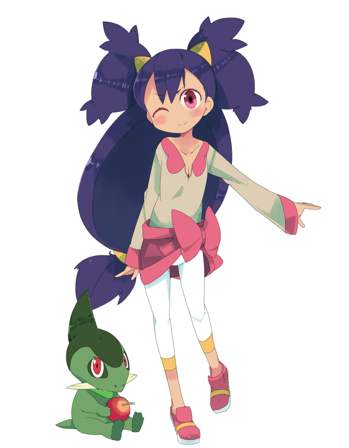10s, 1girl, apple, axew, big_hair, blue_hair, flat_chest, food, fruit, holding, holding_fruit, iris_(pokemon), kanikama, kibago, leggings, long_hair, no_socks, one_eye_closed, pink_eyes, pokemon, pokemon_(game), pokemon_bw, simple_background, two_side_up, white_legwear, wink