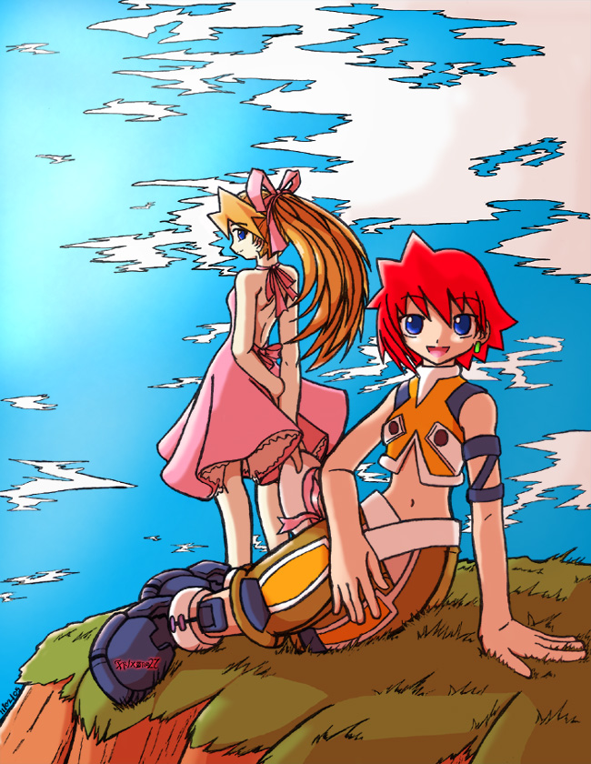 2girls, artist_request, blonde_hair, blue_eyes, bow, capcom, ciel_(mega_man), ciel_(rockman), cliff, clouds, dress, earrings, grass, hair_ornament, hat, hill, jewelry, long_hair, mega_man_(series), mega_man_zero_(series), midriff, multiple_girls, nature, neige, neige_(mega_man), pants, redhead, rockman, rockman_zero, short_hair, sitting, sky, smile, source_request