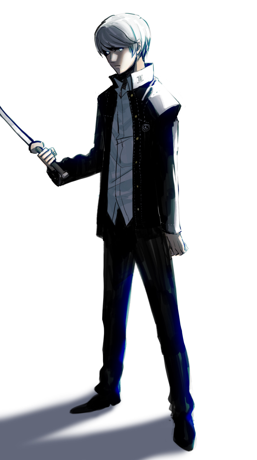 1boy, absurdres, atlus, full_body, glowing, glowing_eyes, highres, male_focus, narukami_yuu, persona, persona_4, school_uniform, silver_hair, solo, sword, weapon, white_background, whiteawing