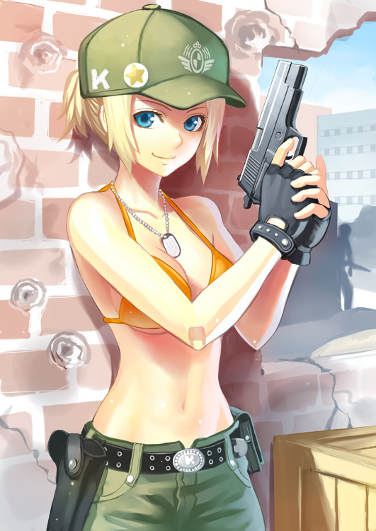 1girl, bandage, bandaid, baseball_cap, belt, bikini_top, blonde_hair, blue_eyes