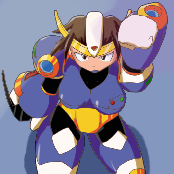 1girl, armor, ballade, capcom, genderswap, horns, rockman, rockman_(classic), solo, sunglasses