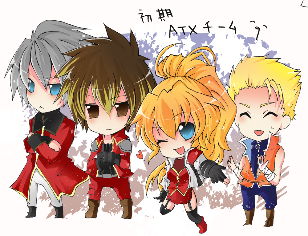 1girl, 3boys, another_century's_episode:_r, banpresto, blonde_hair, brooklyn_luckfield, brown_hair, chibi