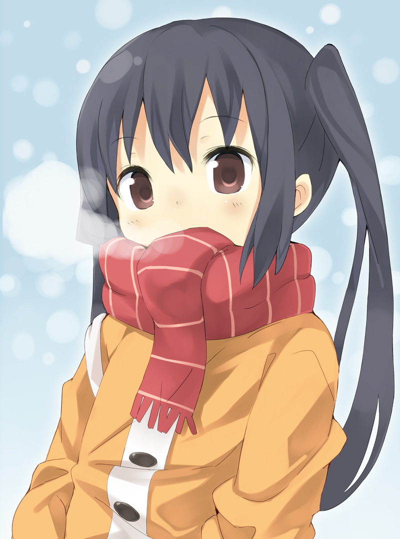 1girl, amaa_(chou_dennou_jidai), bad_id, black_hair, breath, brown_eyes, coat, k-on!