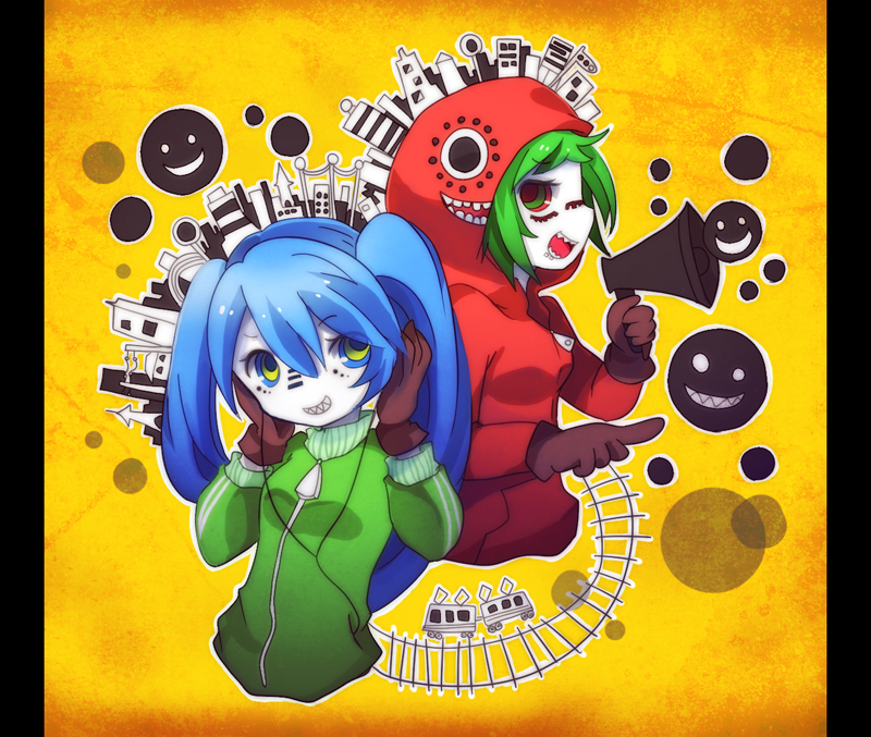 2girls, blue_hair, crazy_eyes, efu, green_hair, gumi, hatsune_miku, hood