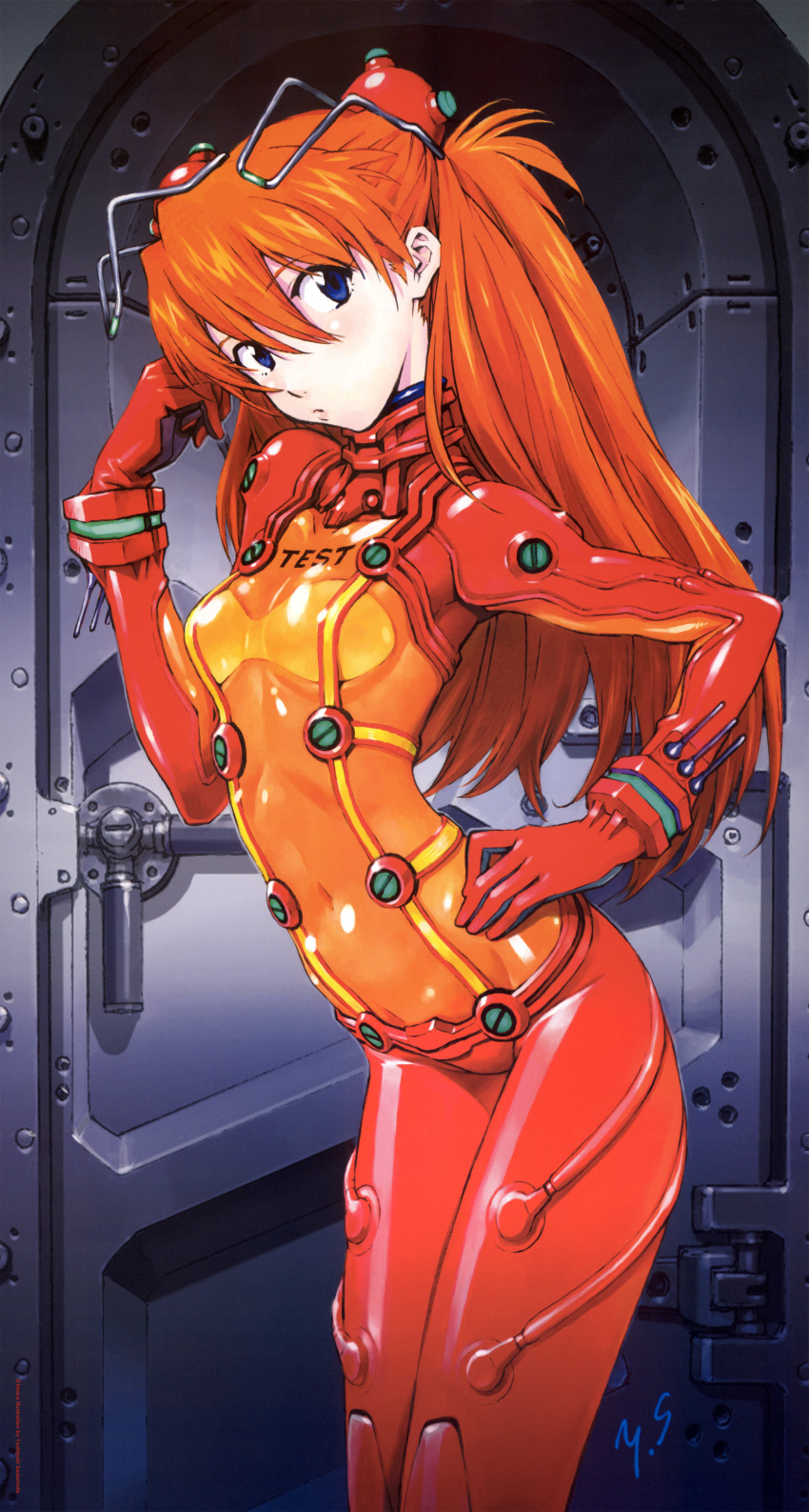 1girl, absurdres, adjusting_hair, arched_back, armpits, bangs, blue_eyes, blush