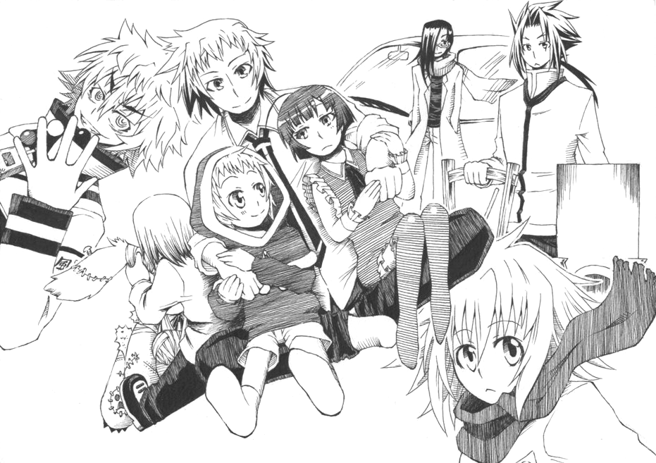 1girl, 3boys, blush, dress, hitoyoshi_zenkichi, kumagawa_misogi, kurokami_medaka, lineart