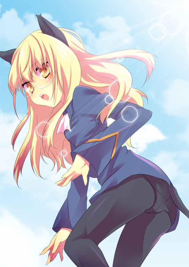 1girl, animal_ears, ass, bad_id, blonde_hair, cat_ears, cat_tail, crotch_seam