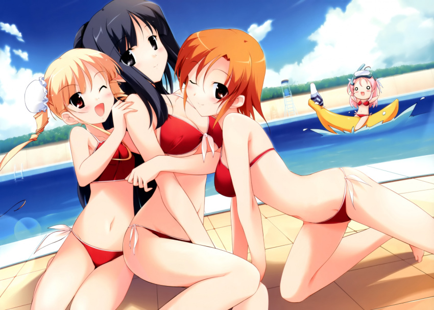 4girls, banana, banana_boat, bikini, black_eyes, black_hair, blonde_hair, blush