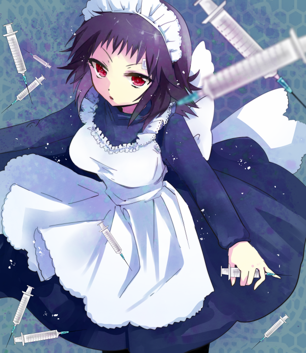 1girl, asako_(itiba), kurokami_kujira, maid, medaka_box, naze_youka, red_eyes, short_hair