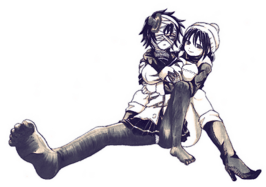 2girls, koga_itami, kurokami_kujira, medaka_box, monochrome, multiple_girls, naze_youka, panties